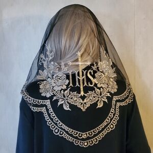 Black and Gold IHS Cross Lace Embroidered Mantilla Chapel Veil Catholic Mass
